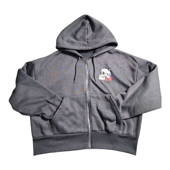 Girl's Large Gray Zip-Up Hoodie with Skull Design Allover Back Print Streetwear - Picture 1 of 8